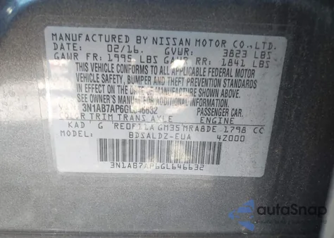 2016 Nissan Sentra Fe+ S/S/Sl/Sr/Sv z USA, uszkodzony, nr VIN 3N1AB7AP6GL646632